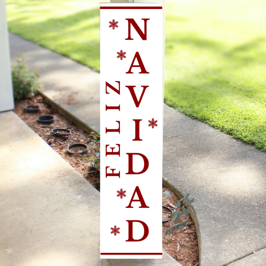 Vertical white wood Christmas porch sign reading Feliz Navidad with red handcrafted by Simply Aloha On The Go