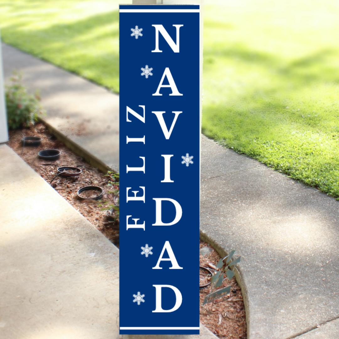 Vertical blue wood Christmas porch sign reading Feliz Navidad with white  lettering and snowflake accents, handcrafted by Simply Aloha On The Go