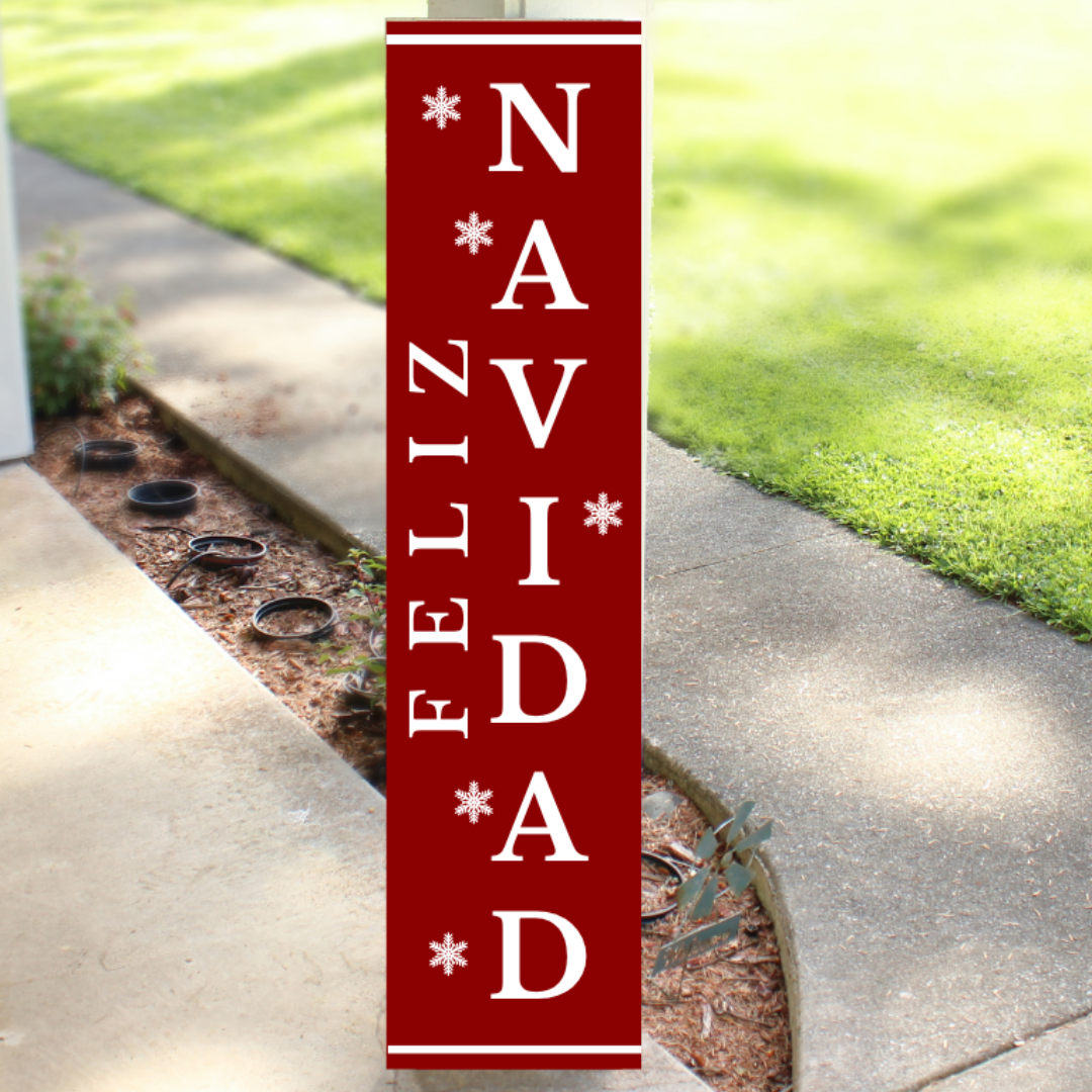 Vertical red wood Christmas porch sign reading Feliz Navidad with white lettering and snowflake accents, handcrafted by Simply Aloha On The Go