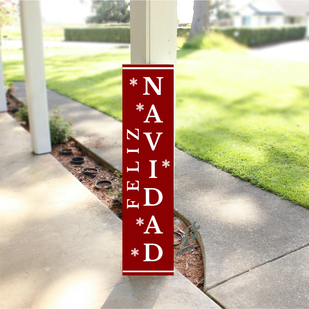 Feliz Navidad wood Christmas porch sign with red background white lettering, bold Spanish holiday porch leaner handmade in Arizona