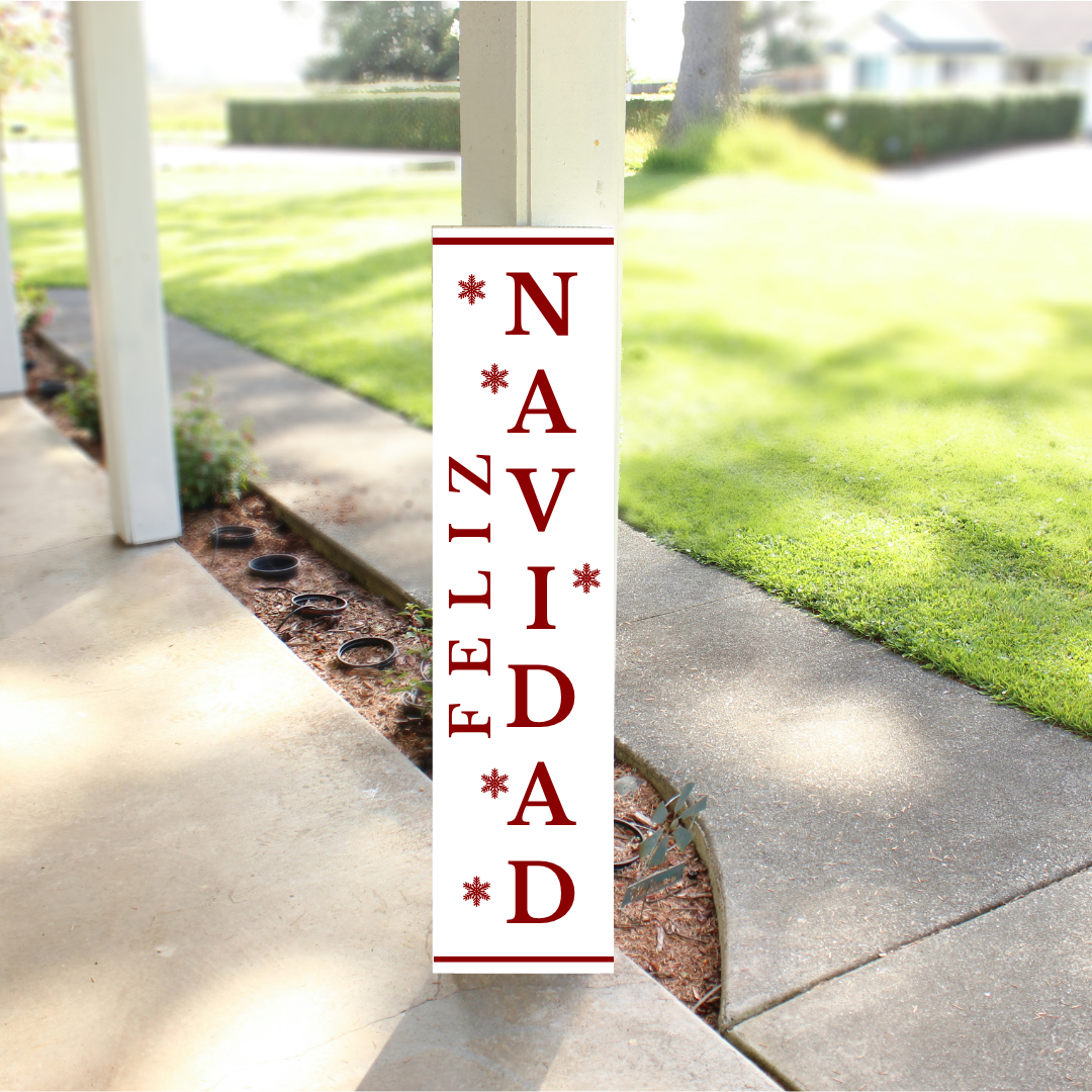 Feliz Navidad wood Christmas porch sign with white background red lettering, bold Spanish holiday porch leaner handmade in Arizona