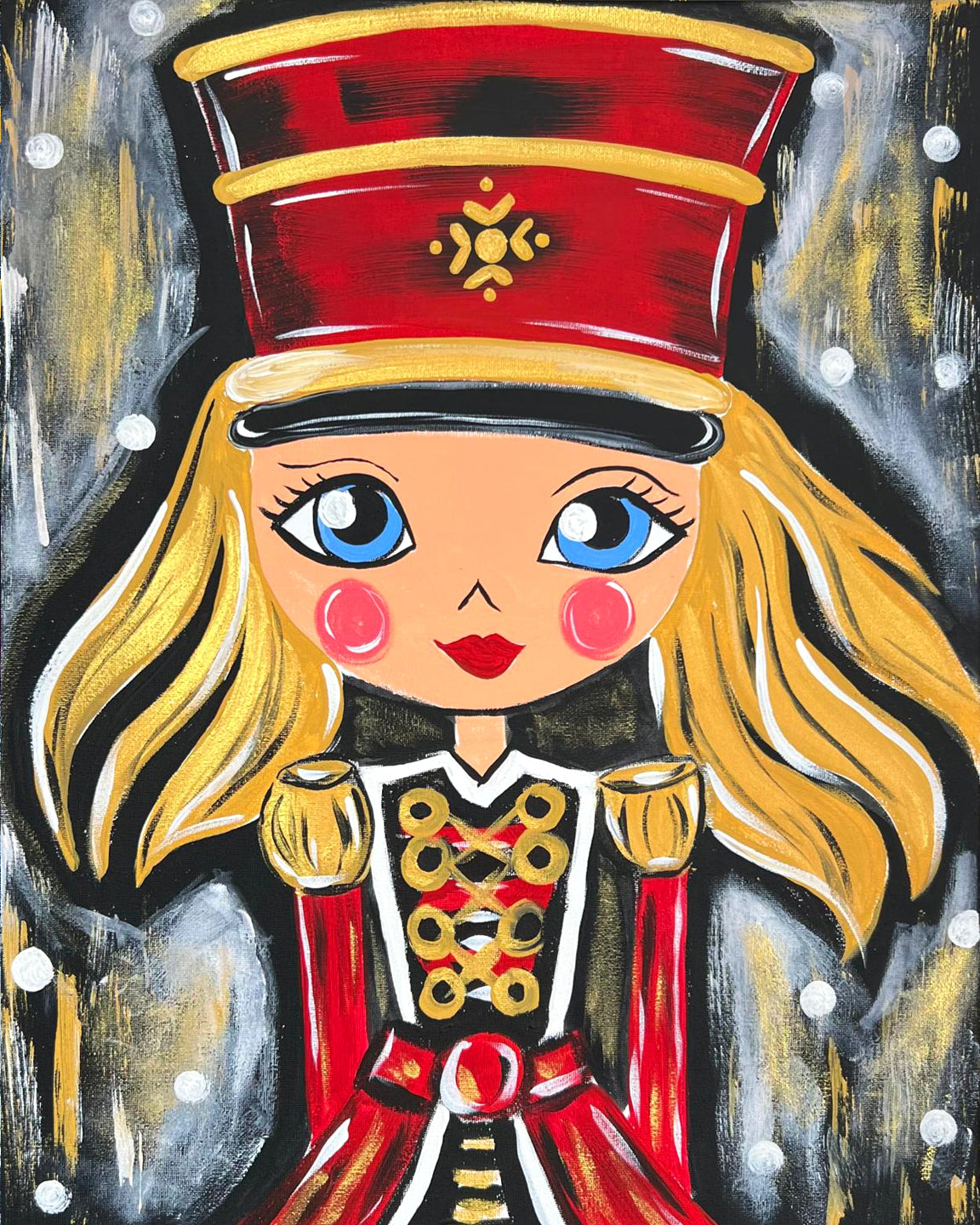 A close-up image of A hand-painted female nutcracker with blonde hair and a festive red uniform, perfect for a holiday-themed mobile paint party in Arizona.