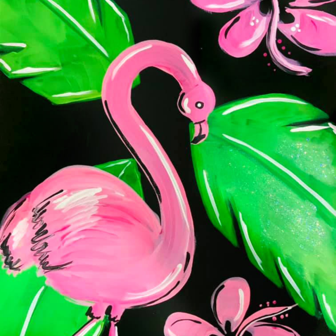 Pink flamingo with green leaves on a black background of summer-themed DIY paintings on canvas, all supplies included