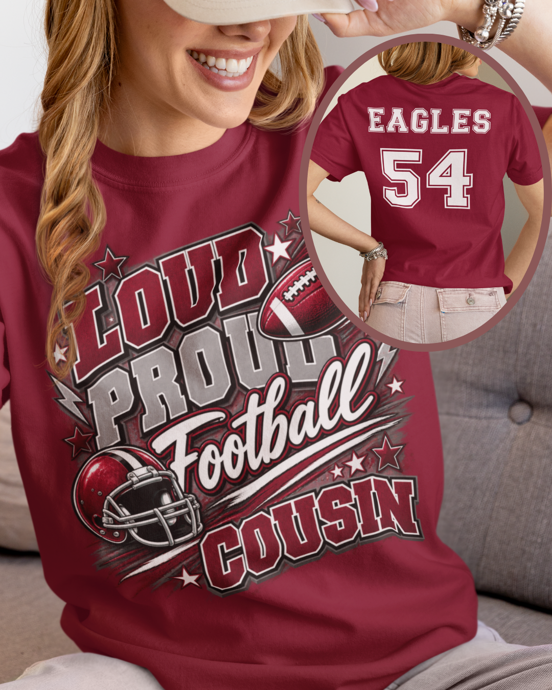 Football Family Game Day T-Shirt with Cousin design, football helmet graphic, and Eagles team name and number on the back