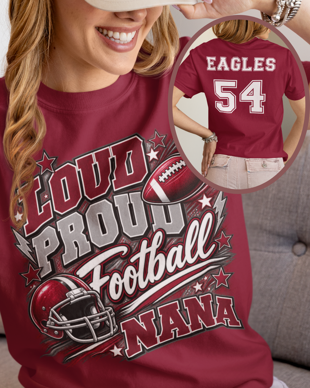 Football Family Game Day T-Shirt with Nana design, football helmet graphic, and Eagles team name and number on the back