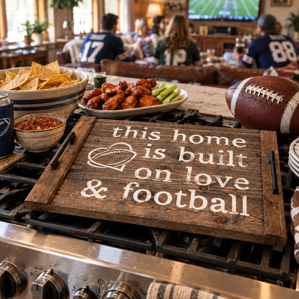 Football Noodle Board stove cover on a kitchen stove with game day snacks, wings and friends watching football
