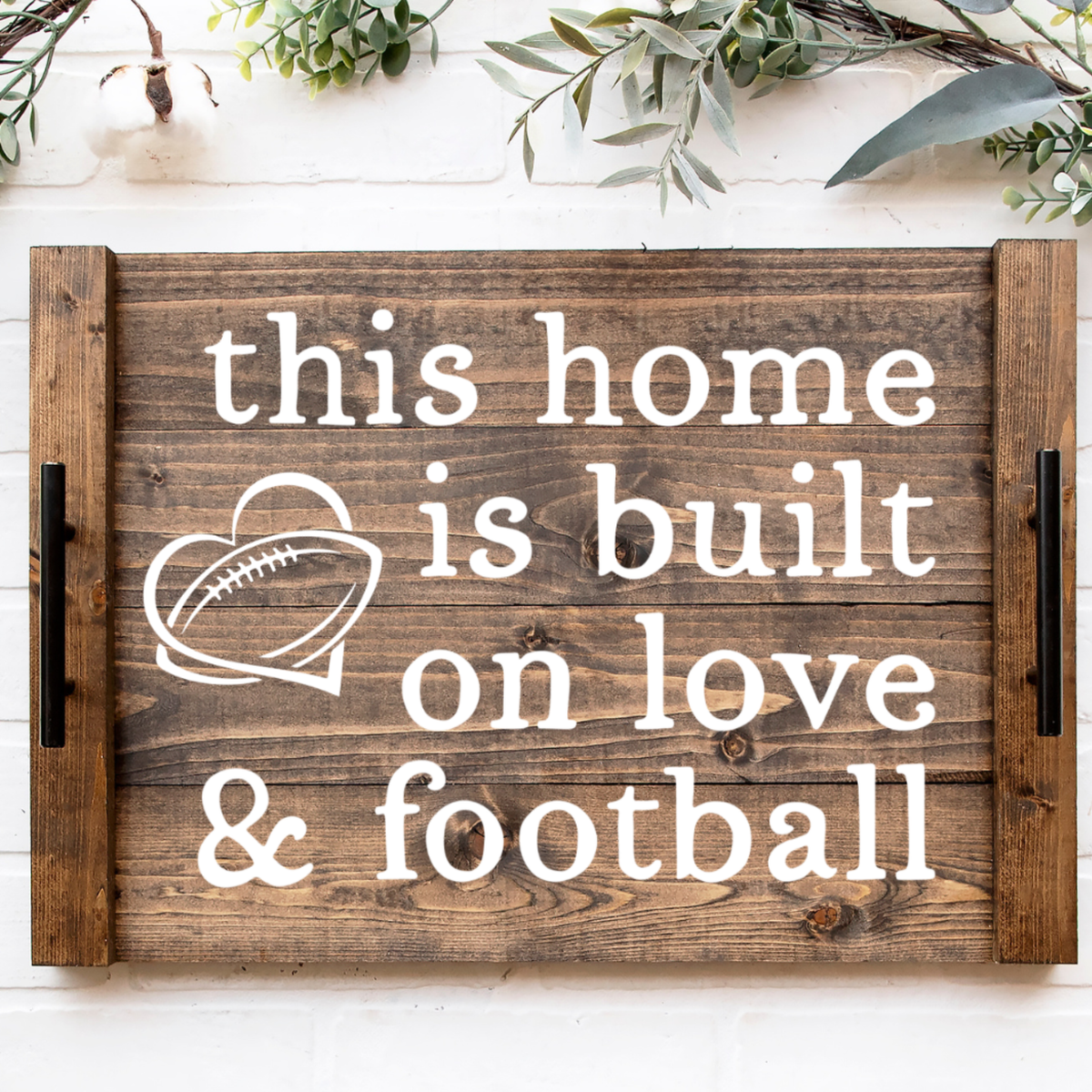 Football Noodle Board stove cover, This Home Is Built On Love & Football sign with heart football on walnut wood