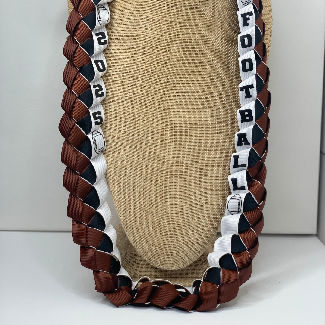 Custom Football Ribbon Lei in school or team colors for Senior Night, graduation, banquets, and football player gifts.