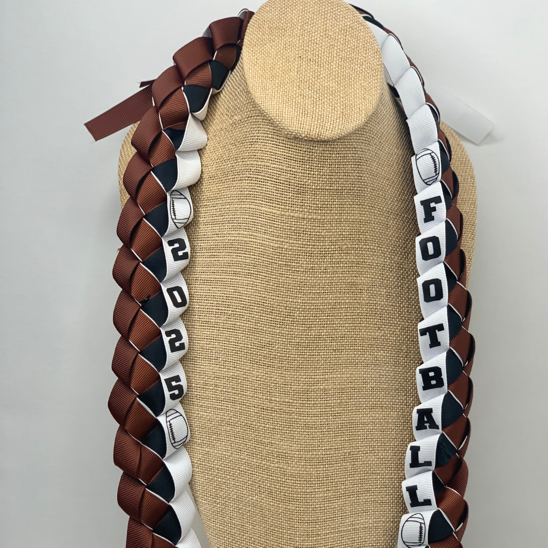 Personalized Football Ribbon Lei in school or team colors for Senior Night, graduation, banquets, and football player gifts.