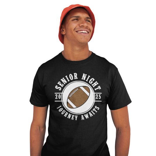 Custom football senior night t-shirt in black and grey, perfect for high school athletes celebrating their senior season.