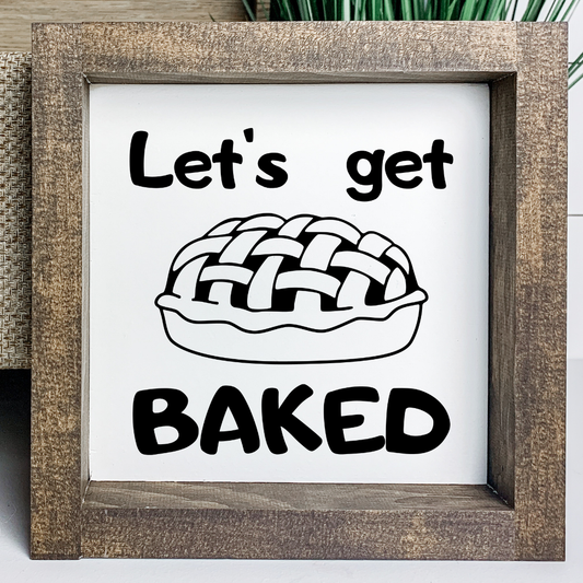Funny fall kitchen tiered tray sign with pie illustration and “Let’s Get Baked” text, handcrafted farmhouse mini wood decor by Simply Aloha On The Go™