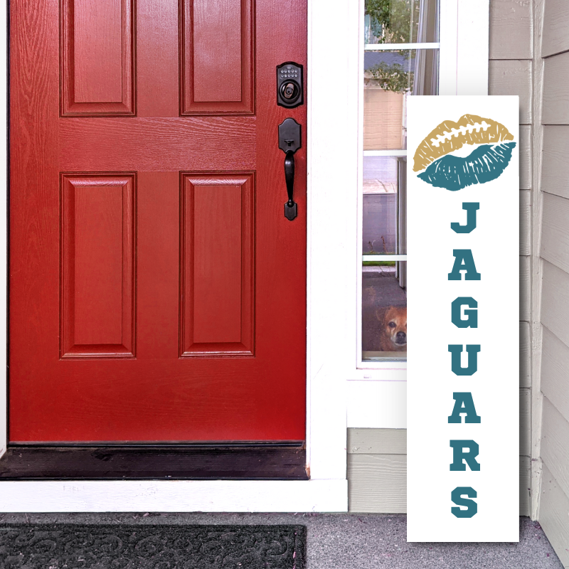 Handcrafted 4ft vertical football sign in black and teal colors. Features a "Lip & Welcome" design. Custom Game Day Decor by Simply Aloha On The Go.