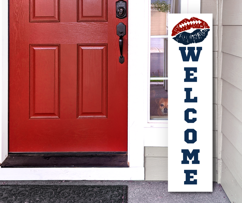 Handcrafted 4ft vertical football sign in red and blue colors. Features a "Lip & Welcome" design. Custom Game Day Decor by Simply Aloha On The Go.