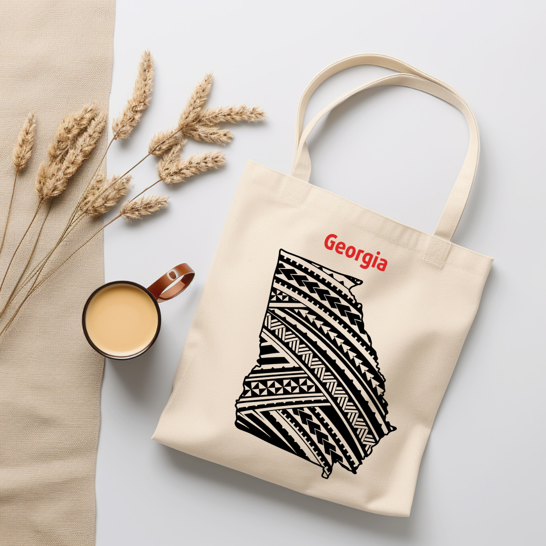 Organic canvas tote bag featuring Georgia state with Polynesian tribal design