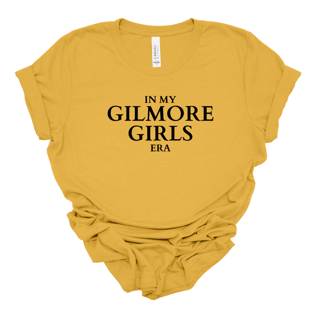 "In My Gilmore Girls Era" Graphic T-Shirt Flat Lay In Mustard – Gilmore Girls Inspired Fan Shirt