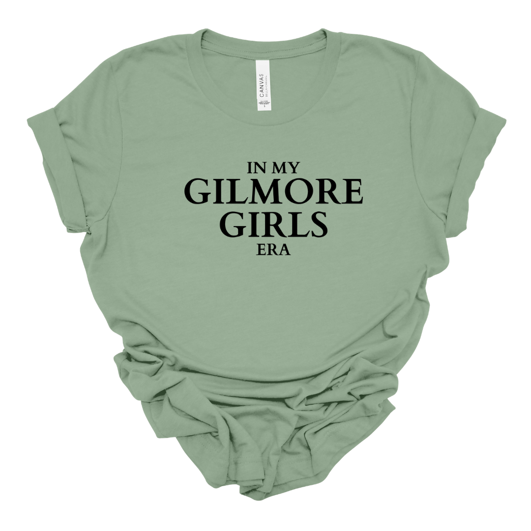 "In My Gilmore Girls Era" Graphic T-Shirt Flat Lay In Sage Green – Gilmore Girls Inspired Fan Shirt
