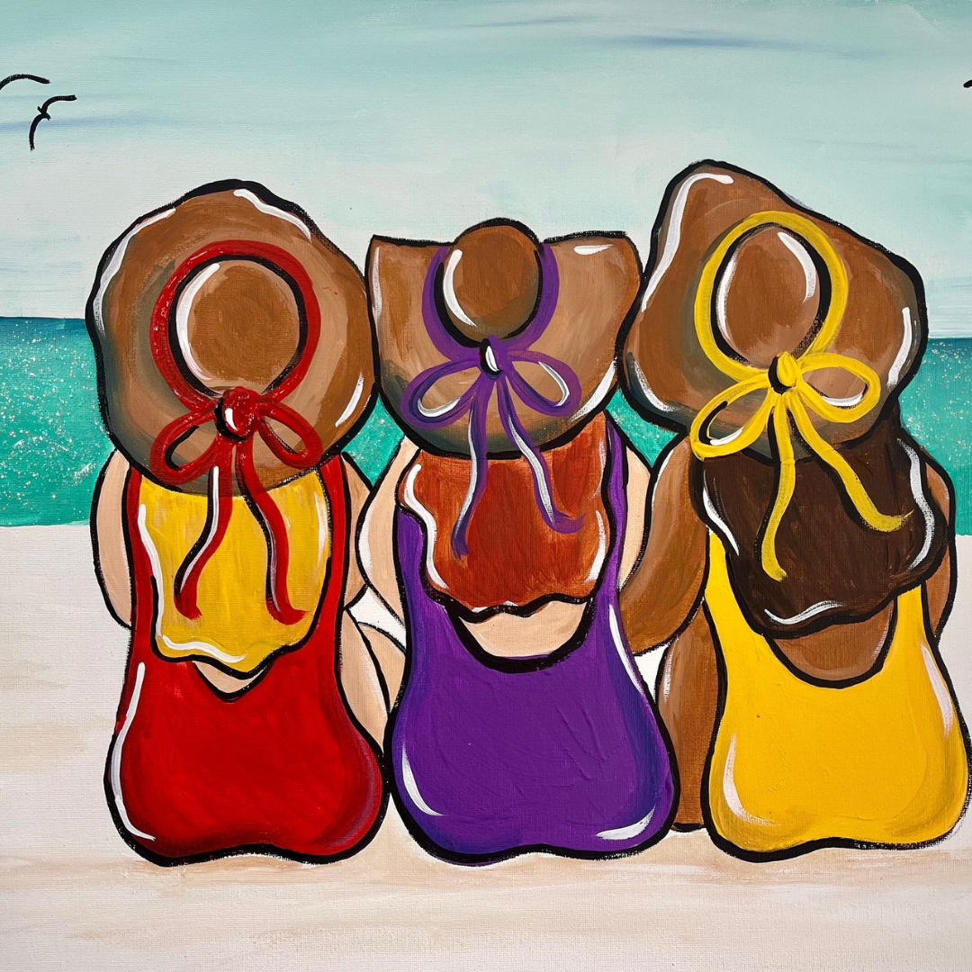 A vibrant collection of summer-themed DIY paintings including girl's trip on canvas with all supplies included