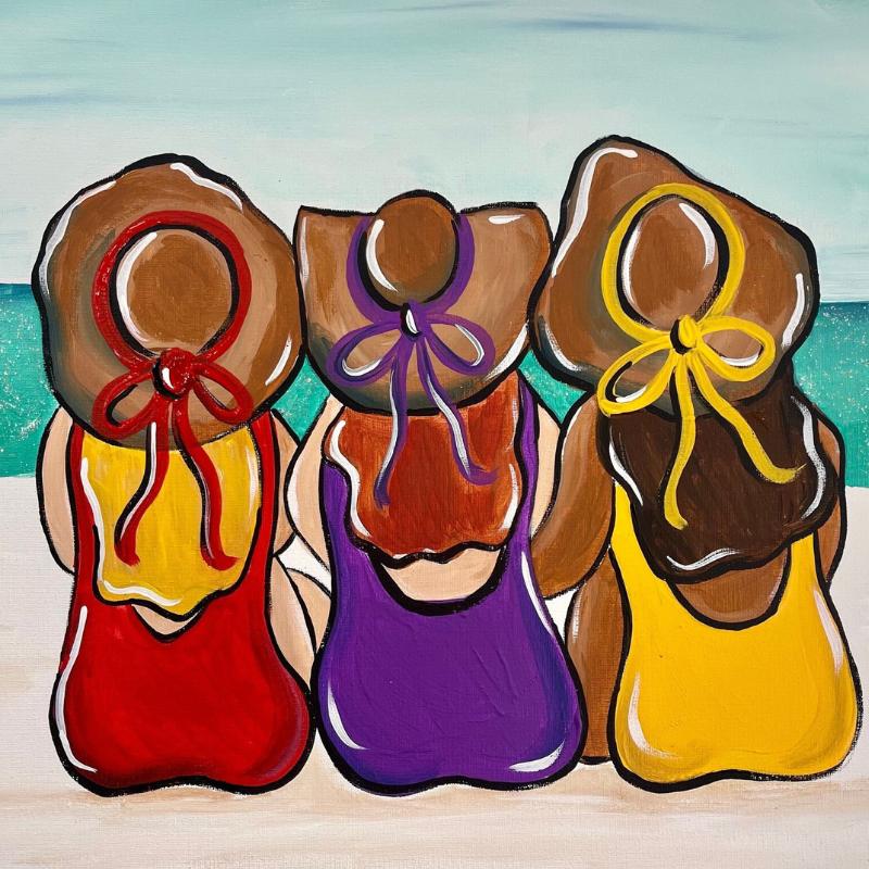 Girls Trip DIY paint kit showing three friends in colorful sun hats at the beach