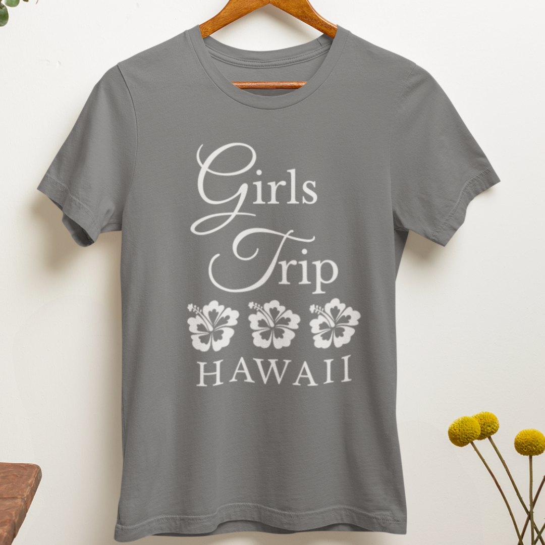Girls Trip Hawaii Tee featuring tropical island vibe design, perfect for vacations, beach days, and adventures with friends. Inspired by the colors of the Hawaiian Islands.