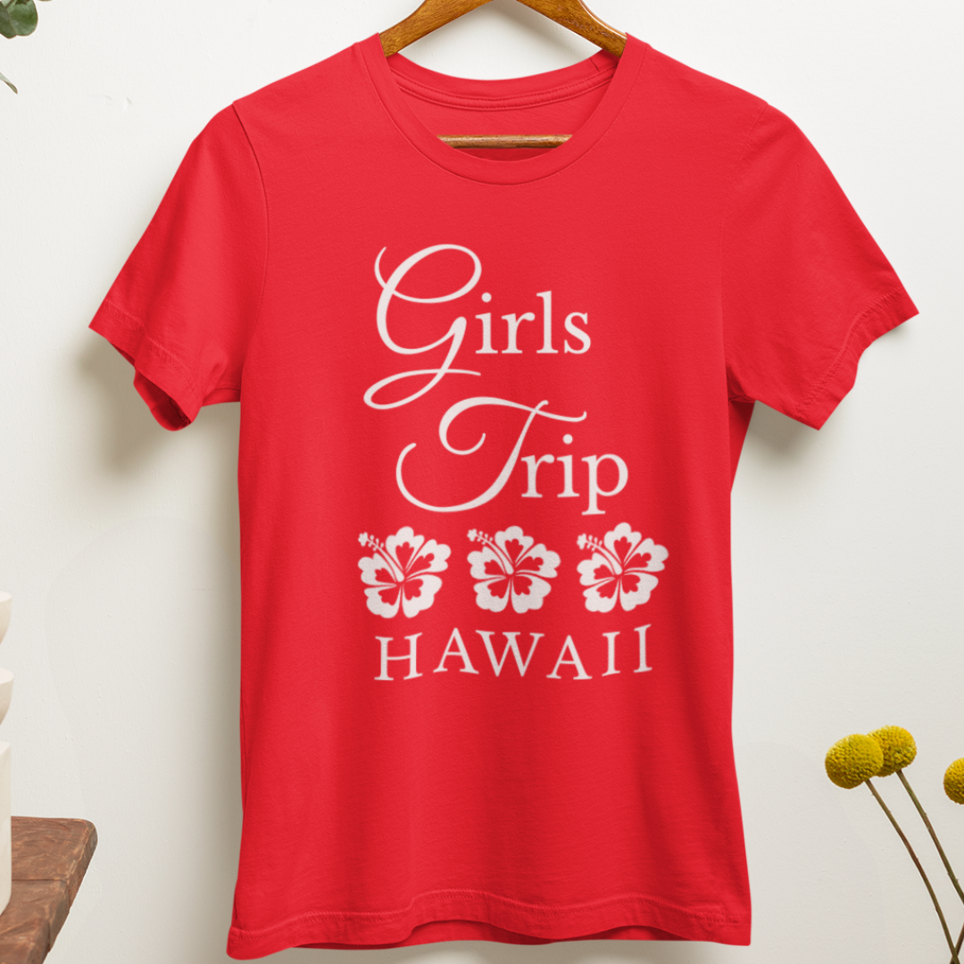 Girls Trip Hawaii Tee featuring tropical island vibe design, perfect for vacations, beach days, and adventures with friends. Inspired by the colors of the Hawaiian Islands.