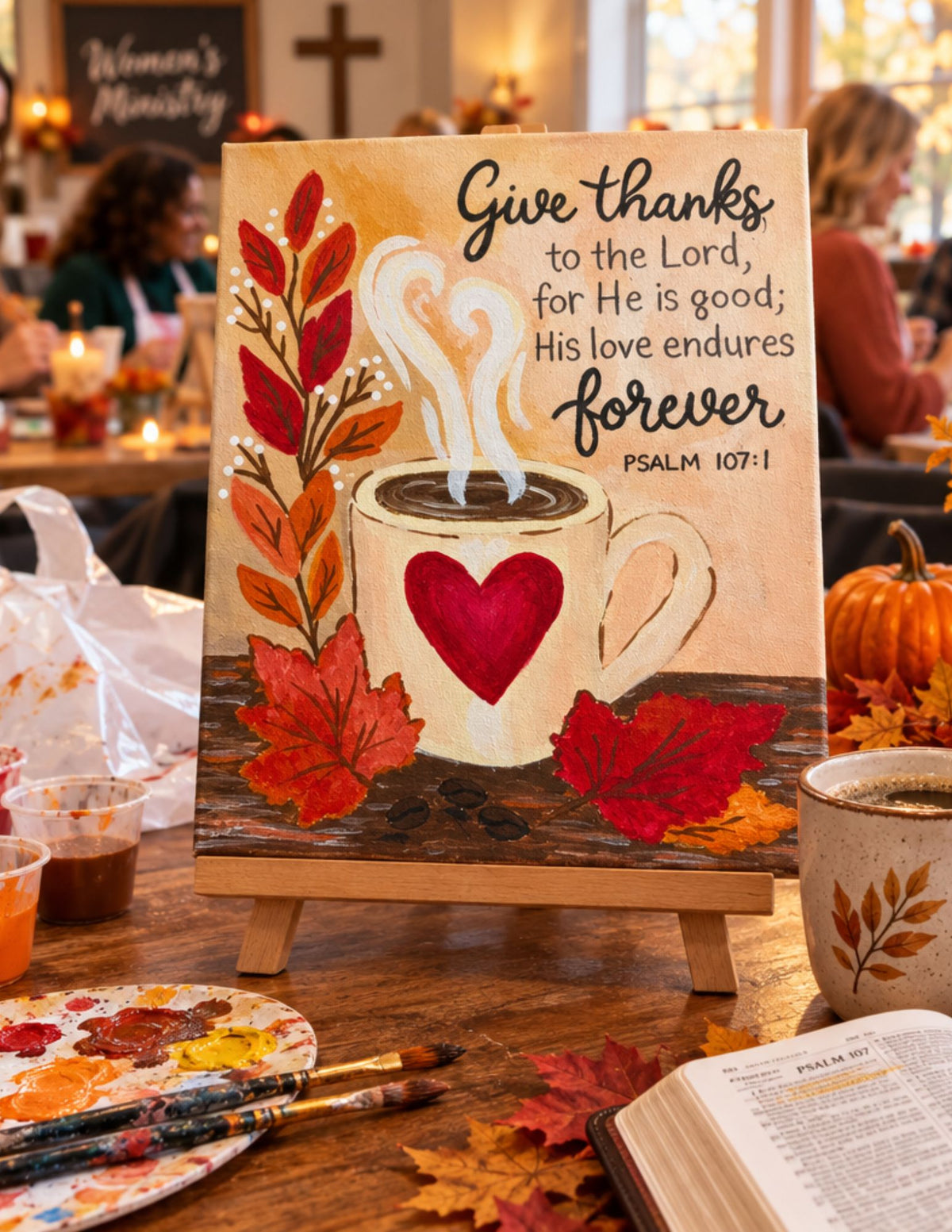 Give Thanks Fall DIY Paint Kit finished canvas on an easel at a cozy church craft night.
