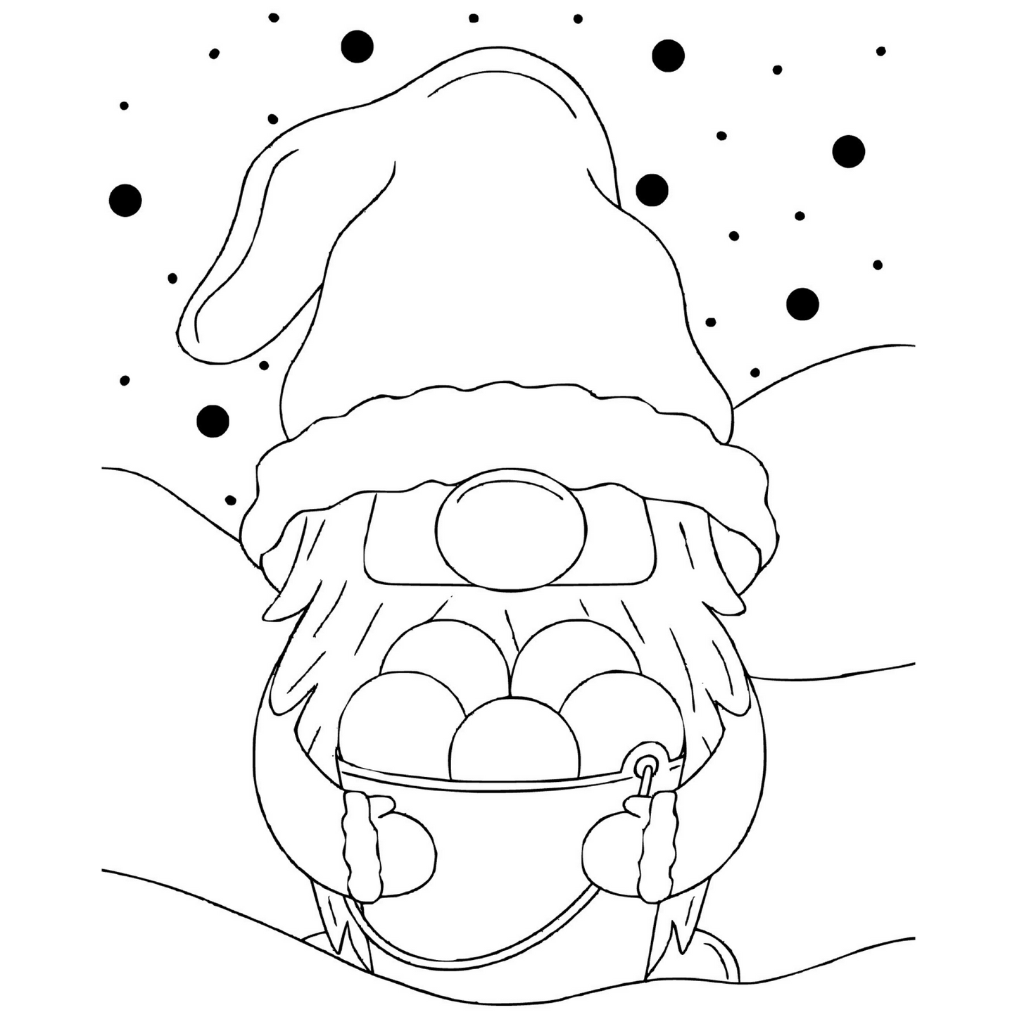 Black and white illustration of a gnome holding a basket of eggs with snowflakes in the background.