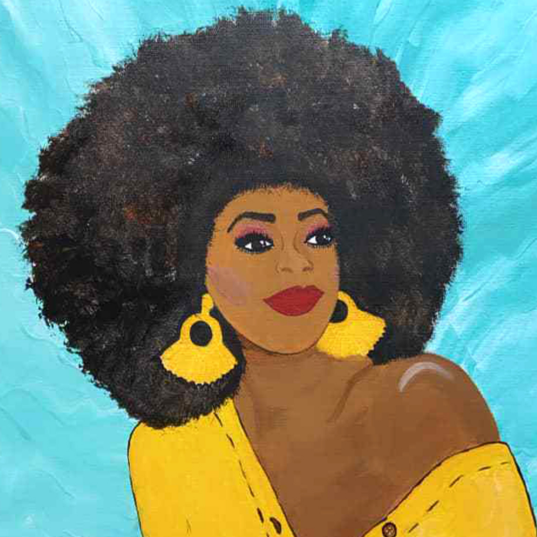 Illustration of a woman with an afro wearing a yellow top against a blue background, a DIY paint canvas kit all supplies included