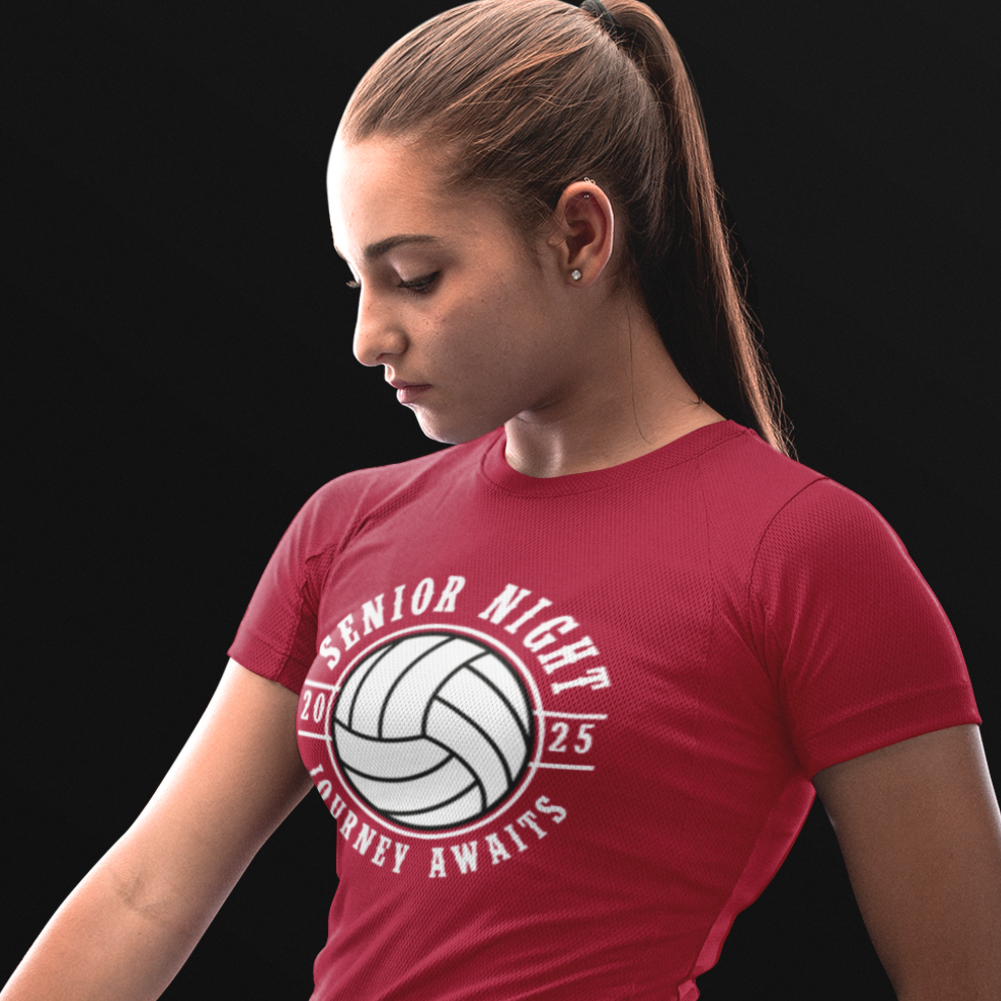 Custom 2025 Senior Night sports red tee-featuring volleyball with personalized design, perfect for celebrating senior athletes and teams. Unique and memorable custom shirts for sports events. Order ours today!