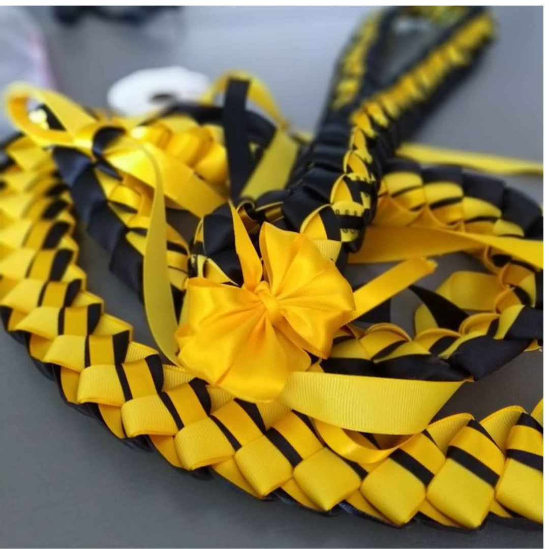 Personalized Graduation Lei braided in yellow and black school colors a large yellow decorative bow.