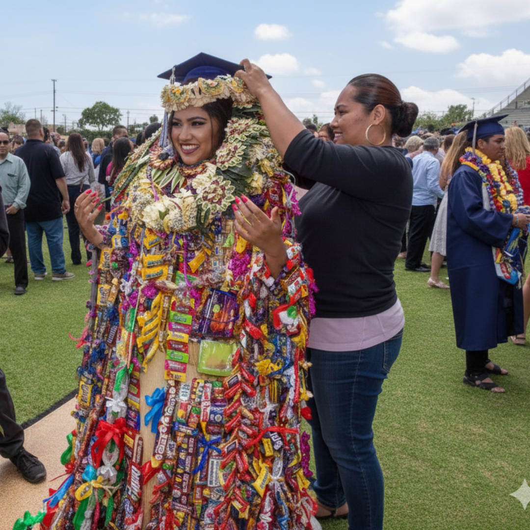 Graduate celebrating graduation day outdoors wearing multiple Hawaiian-style graduation money lei, candy and silk flower leis with family and friends.