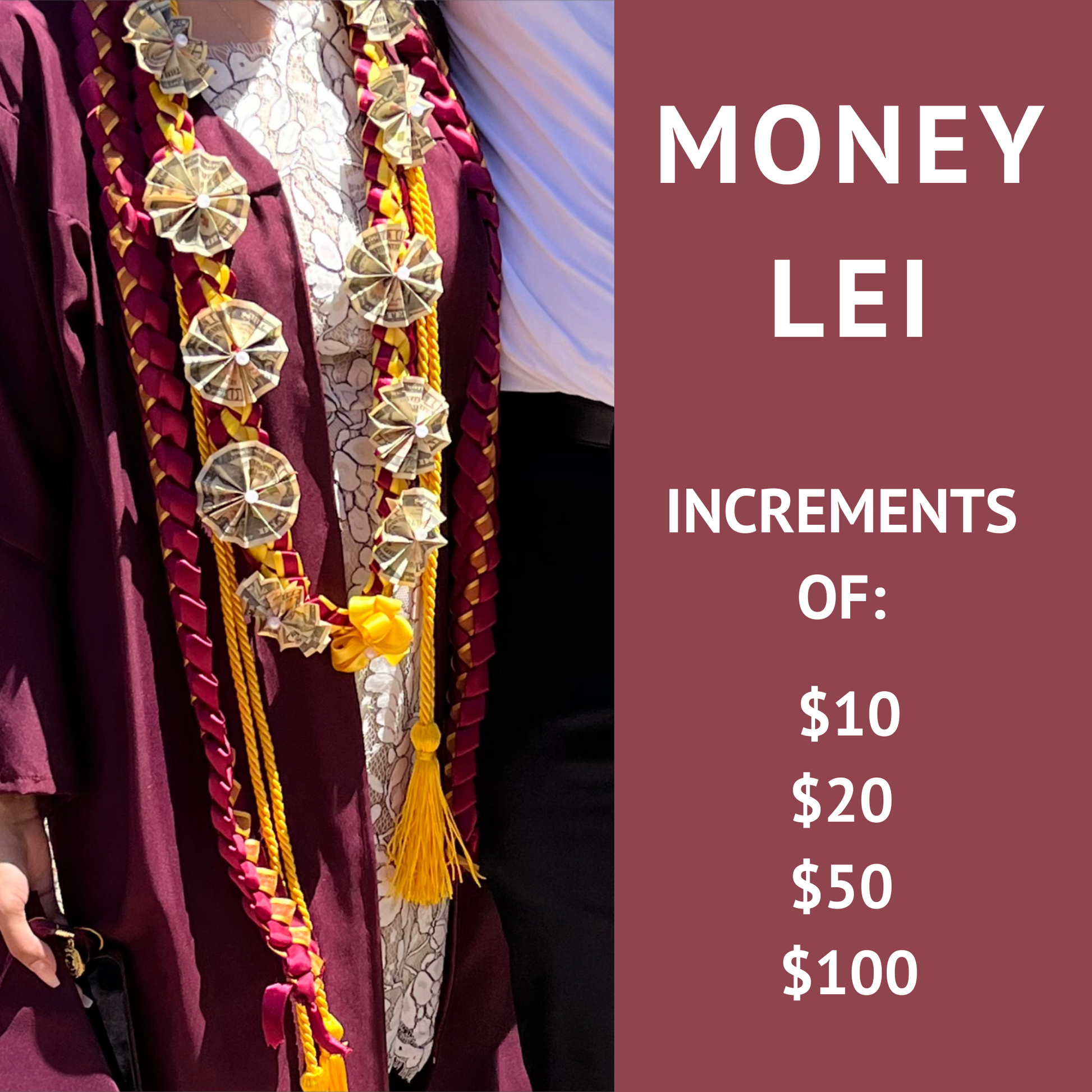 Custom Graduation Money Lei with rolled bills, vibrant ribbons, and graduation-themed decorations. Additional charge of $25 for all custom money lei. order now! Don't wait.

