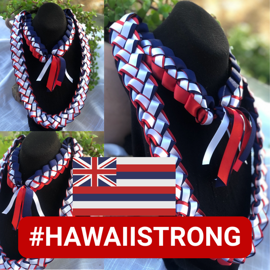 A collage of red, white, and blue braided ribbon graduation leis on black displays, featuring the Hawaii state flag and a red banner with the hashtag #HAWAIISTRONG for disaster relief.