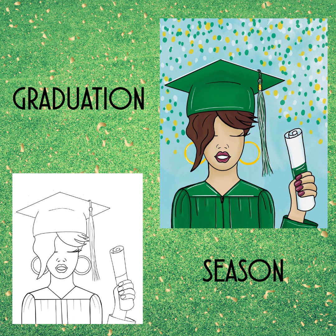 A woman in a green graduation gown holding a diploma with a confetti backdrop.