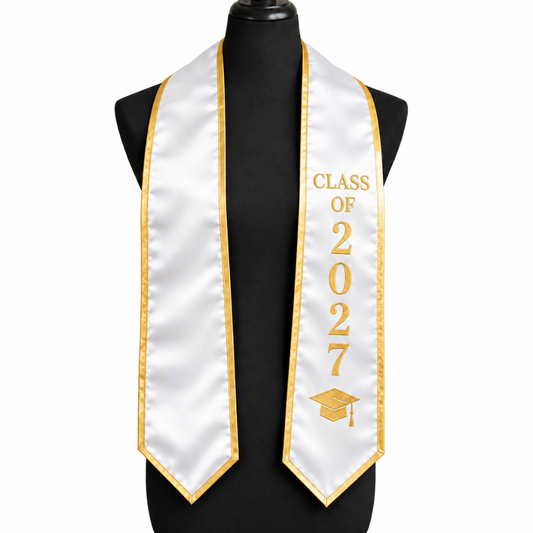 Custom Graduation Stoles and Sashes in gold and white for the Class of 2027 featuring [actual design colors, wording, and personalization details].