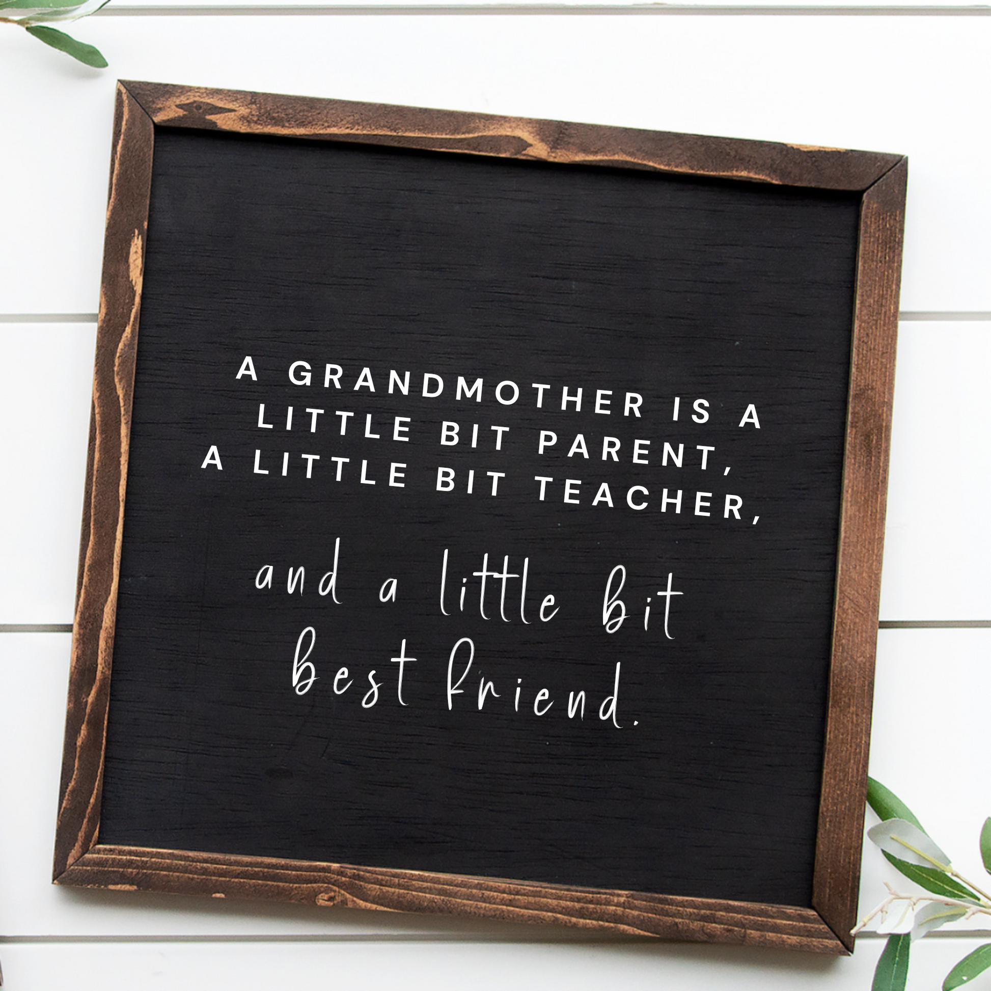 Handcrafted Grandmother quote rustic wood sign in black background white font, custom