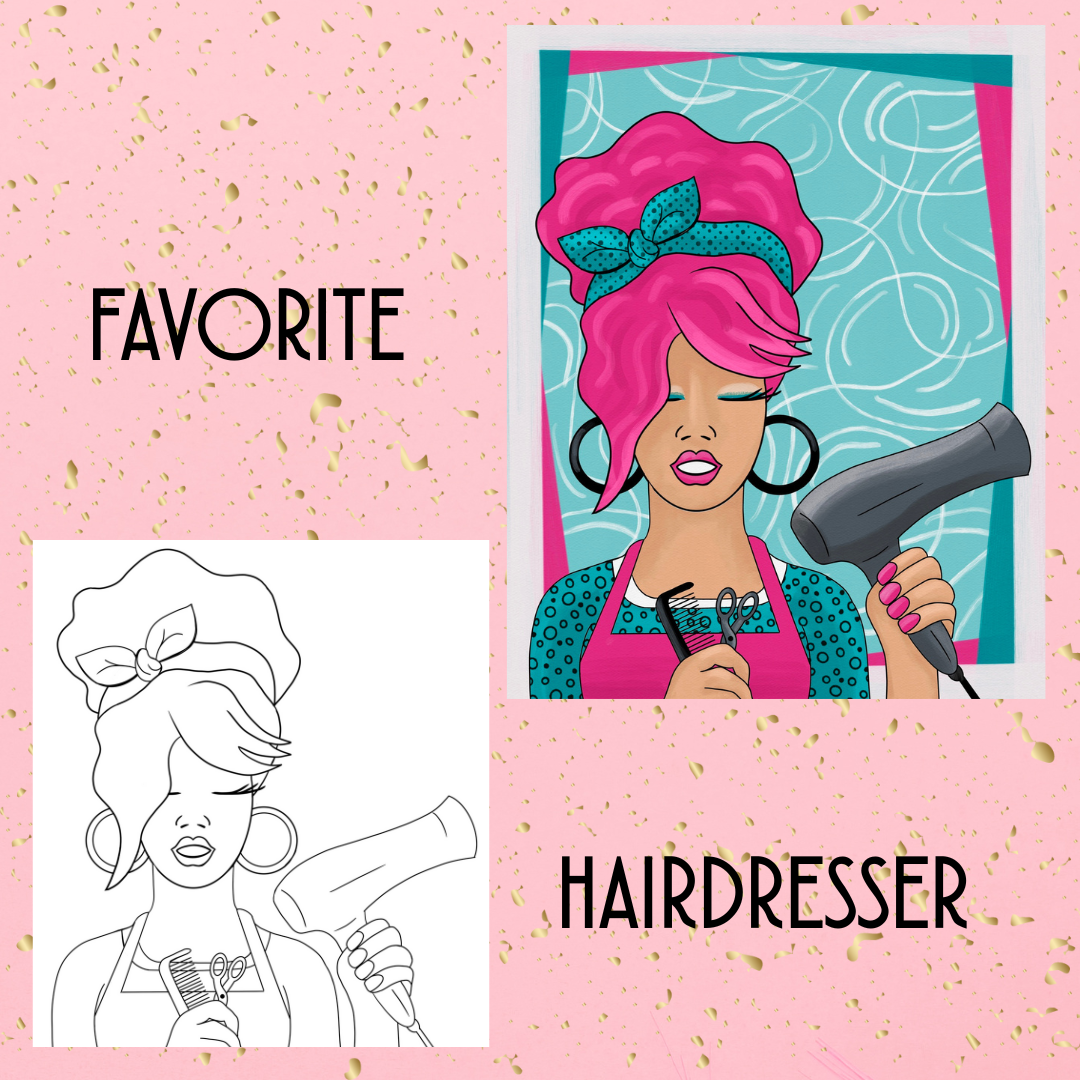 A stylist with pink hair holding a blow dryer and hair shears