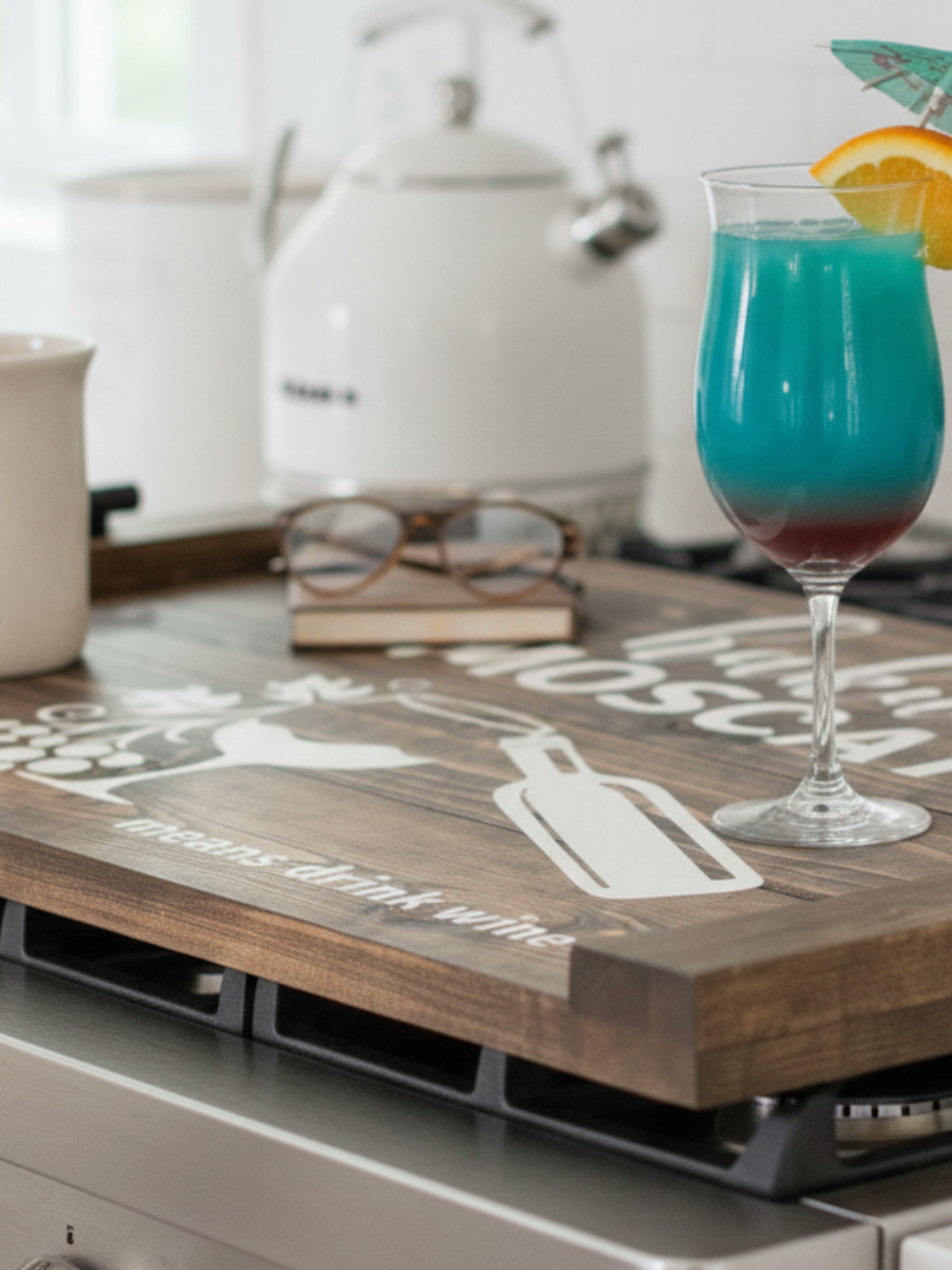 Hakuna Moscato Handcrafted Wooden Noodle Board on Kitchen Stovetop – Counter Space Saver