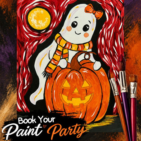 Halloween Ghost DIY paint kit, cute ghost girl Darla Boo with pink bow sitting on a jack-o-lantern under a full moon 