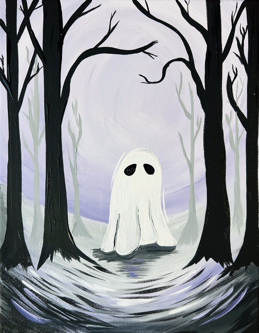 A kid-friendly paint party kit featuring  featuring a friendly ghost in a spooky forest scene. Perfect 
holiday break, or jsut being creative.