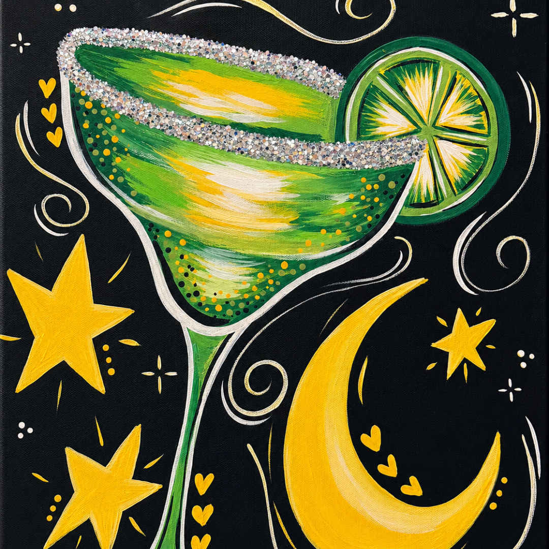 Finished magical margarita paint kit canvas with glitter rim cocktail glass, lime slice by Simply Aloha On the Go.