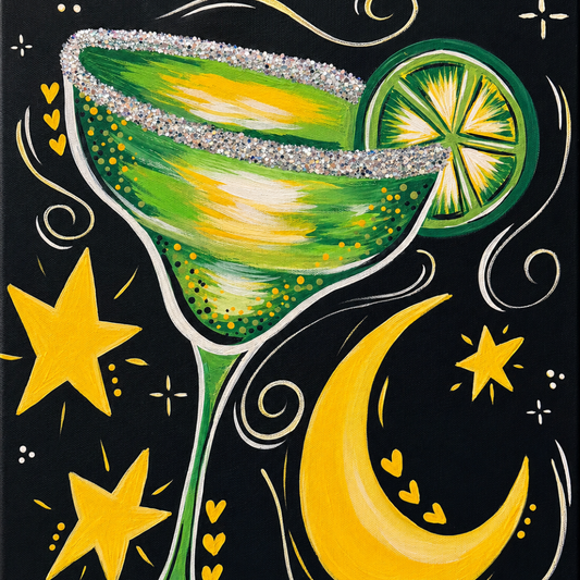 Finished magical margarita paint kit canvas with glitter rim cocktail glass, lime slice, stars and crescent moon on black background DIY paint kit 