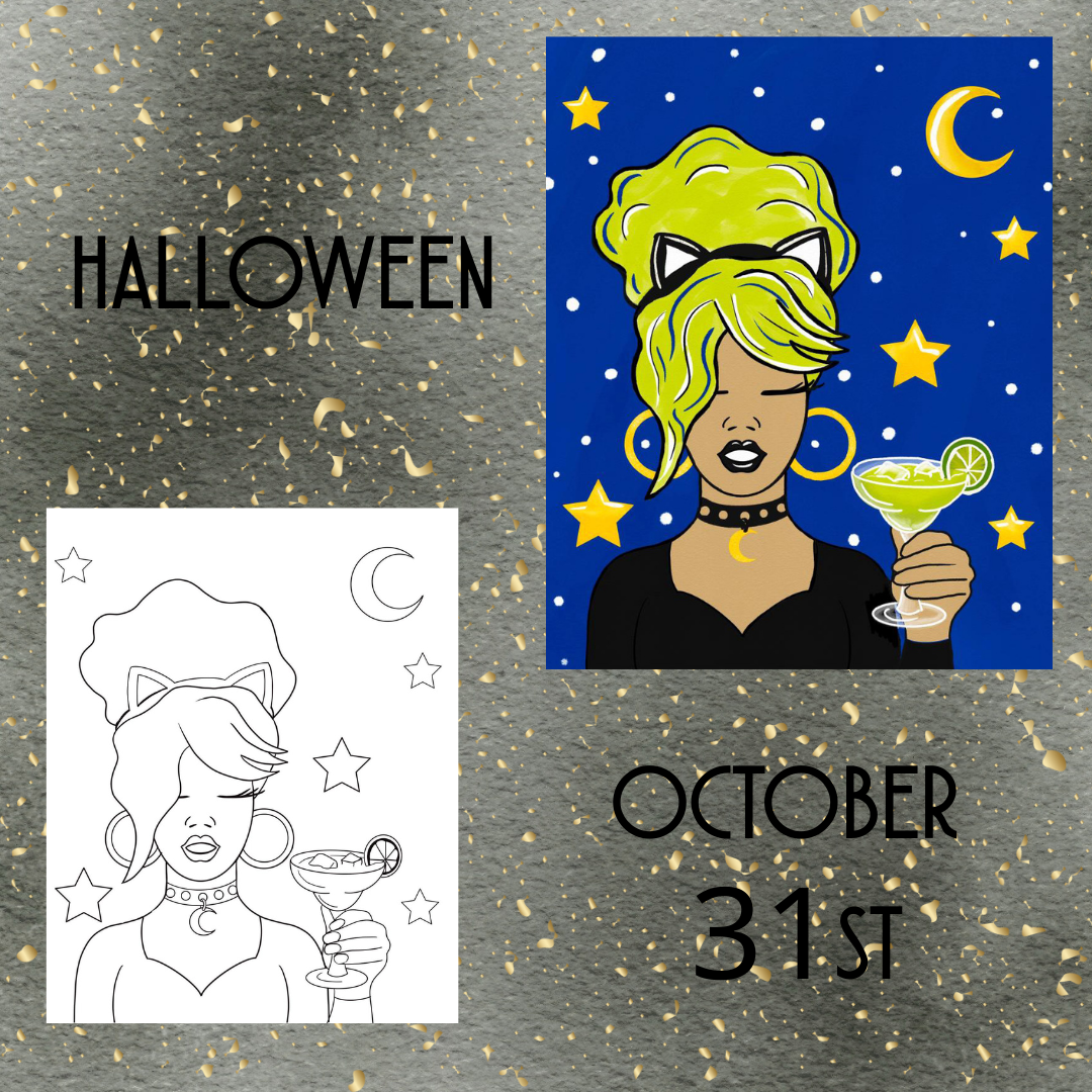 A woman with neon green hair, cat ears, and a margarita against a moonlit sky.