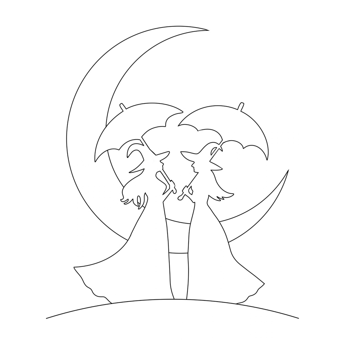 Practical Magic Witches of Halloween tracer for DIY paint kit, two witch silhouettes with umbrellas under a crescent moon and starry blue sky