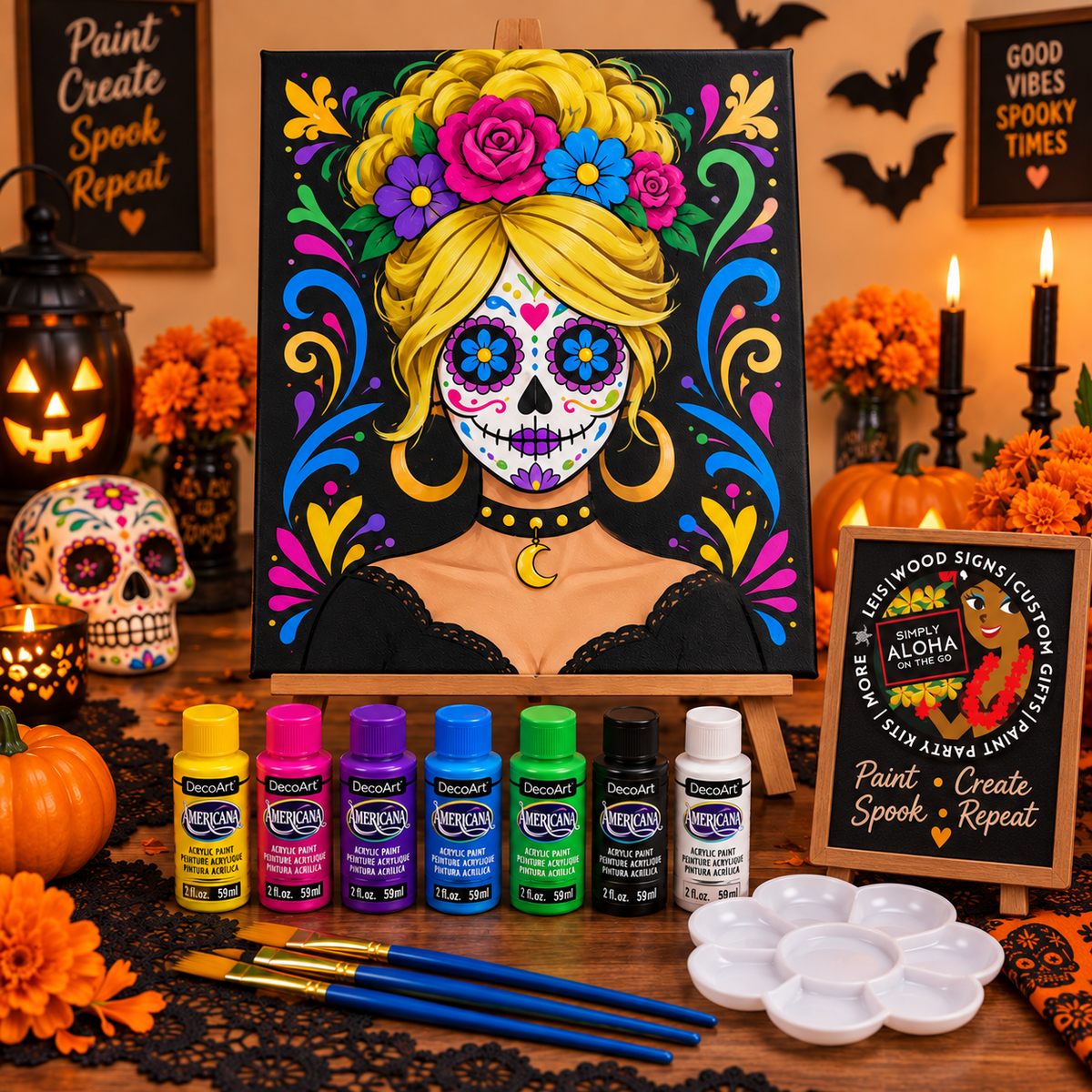 Halloween sugar skull pre-sketched canvas paint kit with floral woman design, acrylic paints, brushes, palette and spooky Halloween decorations.