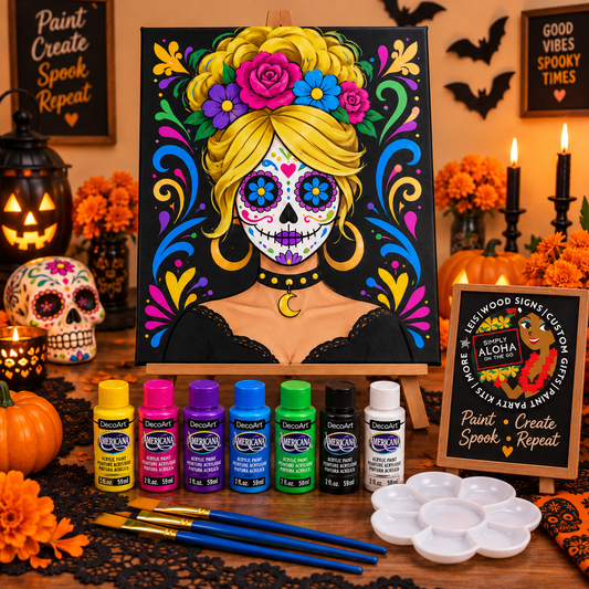 Halloween sugar skull pre-sketched canvas paint kit with floral woman design, acrylic paints, brushes, palette and spooky Halloween decorations.