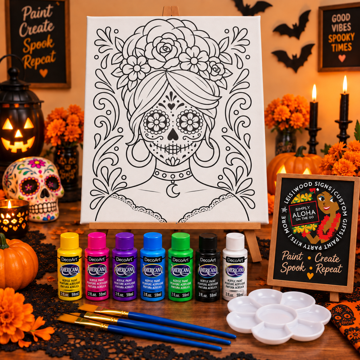 Halloween sugar skull tracer canvas paint kit with floral woman design, acrylic paints, brushes, palette and spooky Halloween decorations.