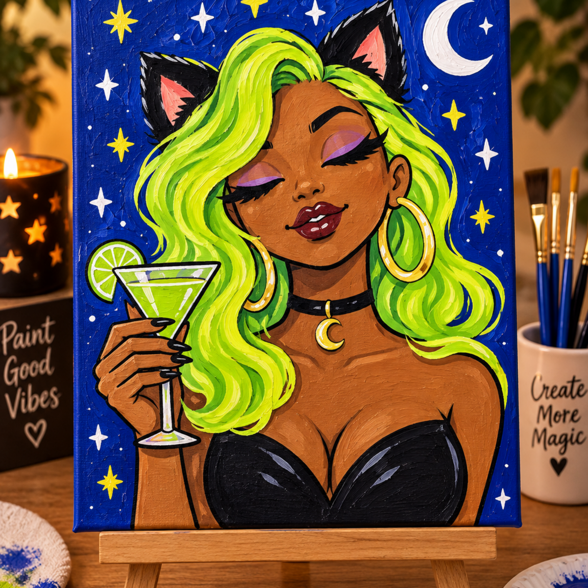 Finished Witch’s Brew Halloween canvas painting with a green-haired witch, cat ears, cocktail, crescent moon and stars