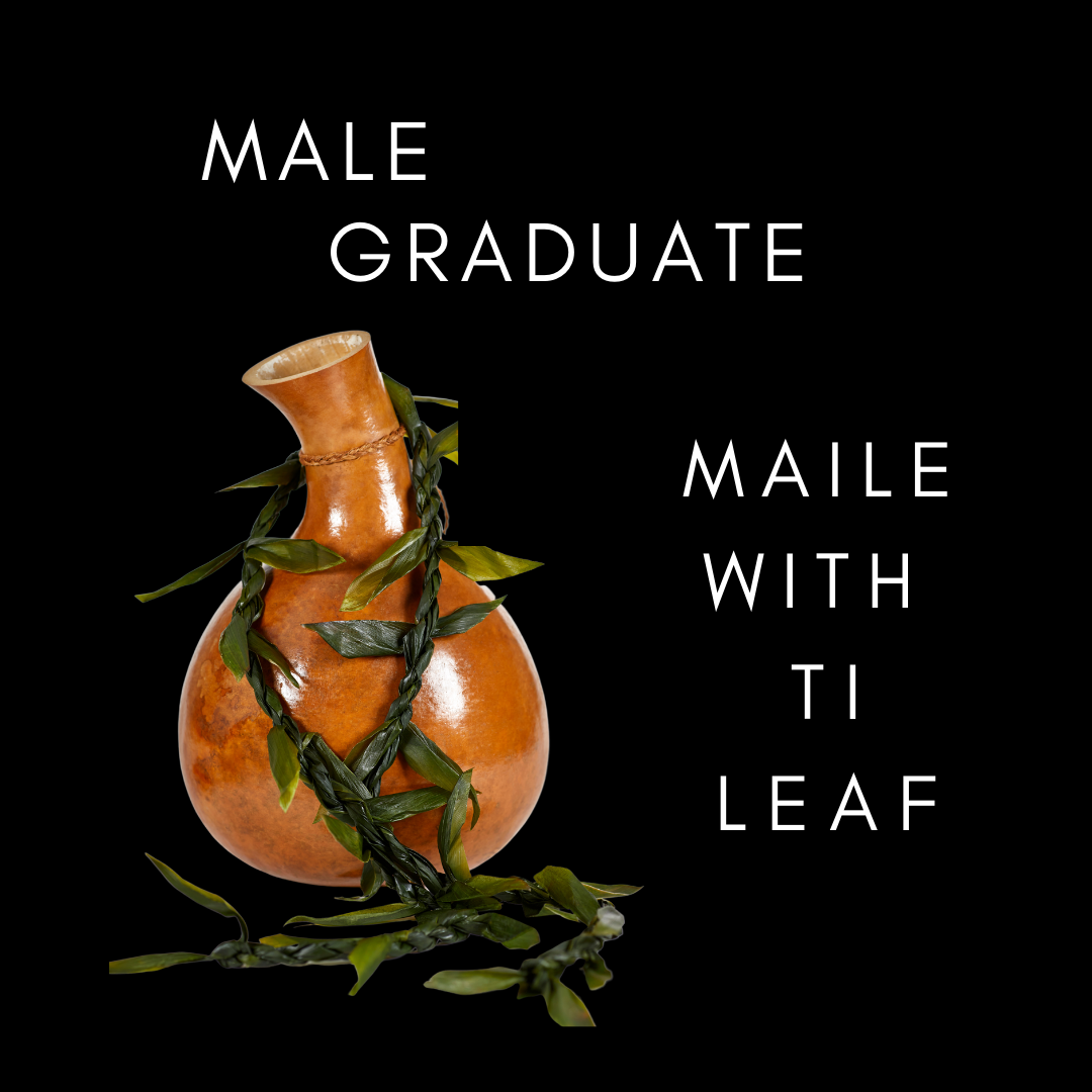 Hand-Braided Fresh Ti-Leaf Lei displayed over a traditional gourd against a black background