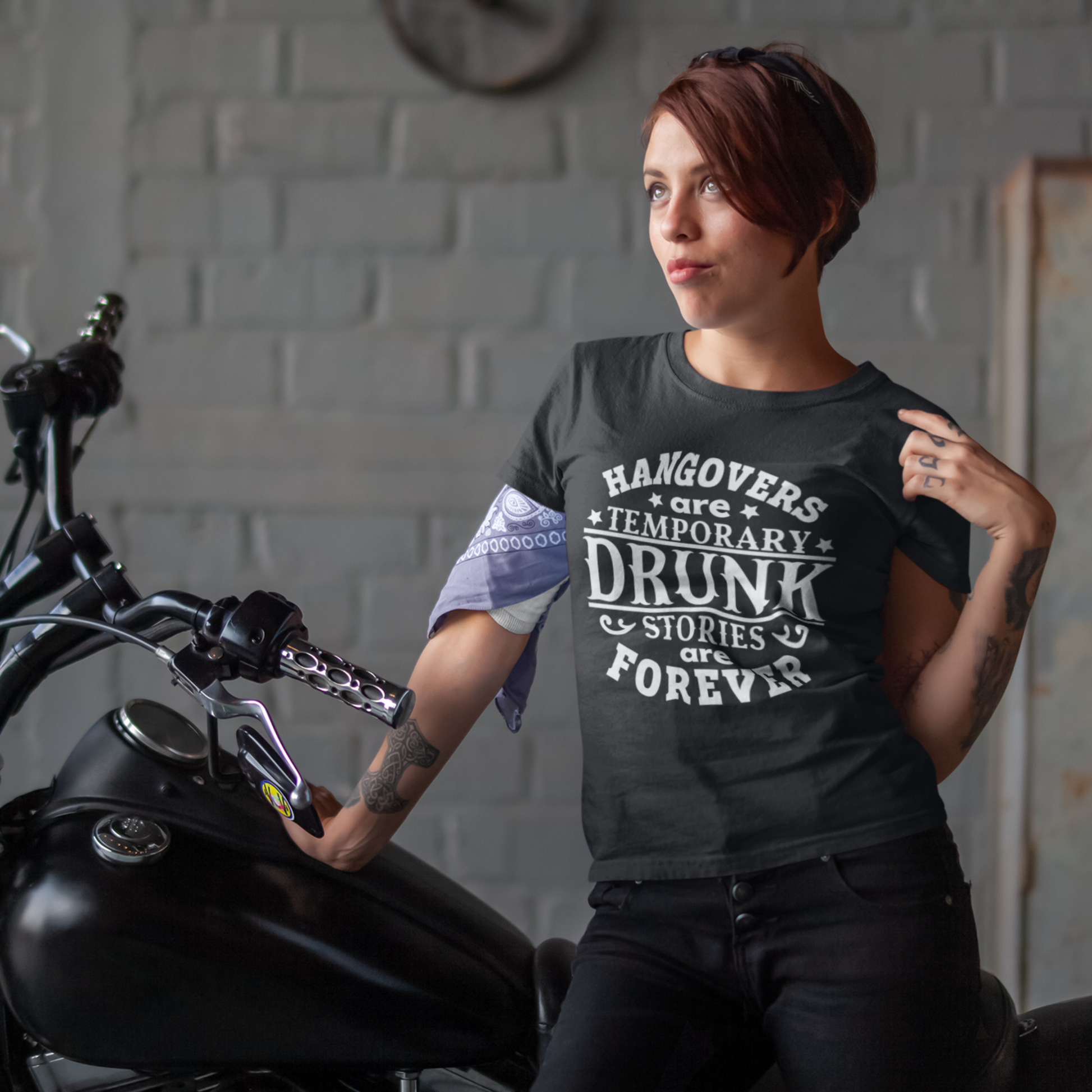 A woman wearing a Hangover Recovery T-Shirt In Black.  Funny Graphic Tee for Morning After. Available in many sizes and colors.