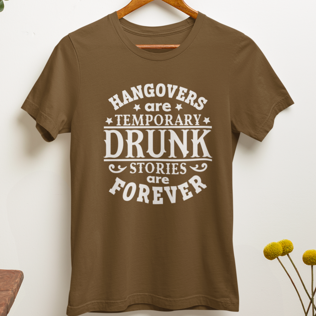 Hangover Recovery T-Shirt In brown hanging on a wall. Funny Graphic Tee for Morning After. Available in many sizes and colors.